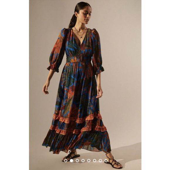 New Anthropologie x Farm Rio Puff Sleeve Maxi Dress sz XS - Picture 2 of 7